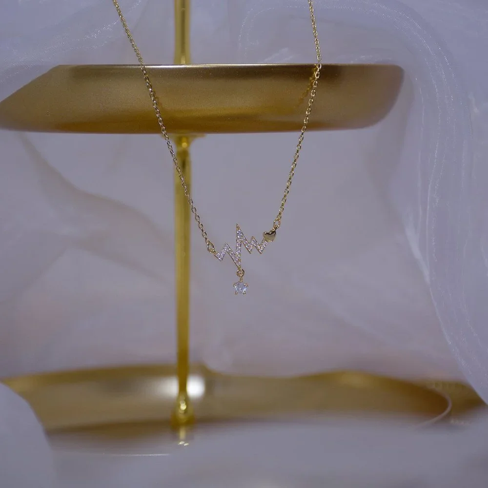 NEW 14K Gold Plated Diamond Heartbeat Necklace